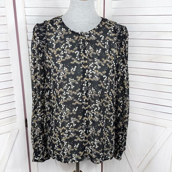 Paige Ambrosine Sheer Floral Silk Blouse Black Medium Ruffle - Picture 2 of 15